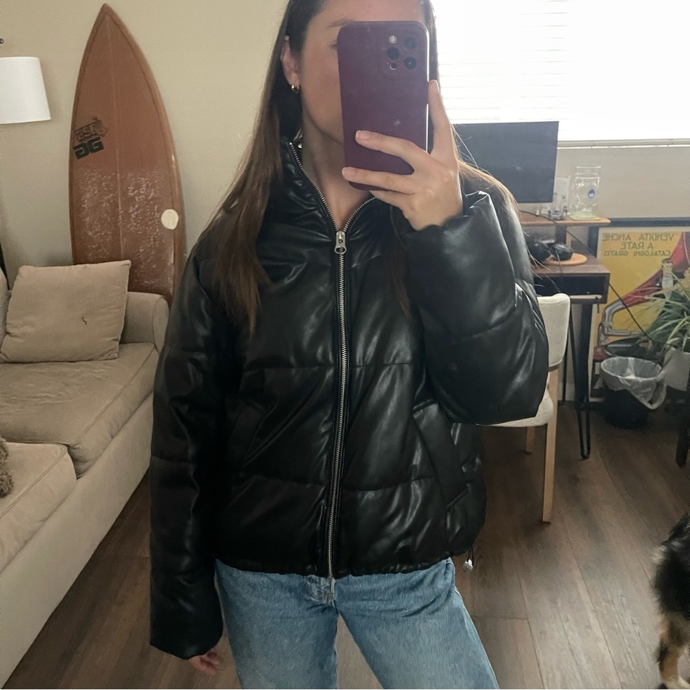 Women's Black Faux Leather Puffer Jacket